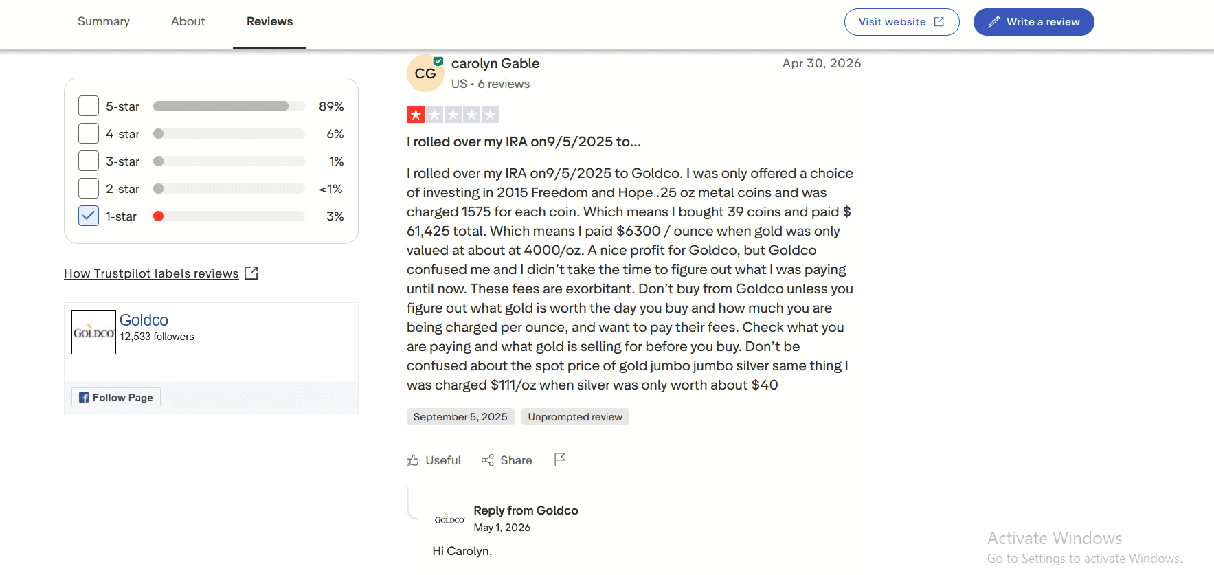 Goldco Precious Metals complaint about large fees and huge product markups.