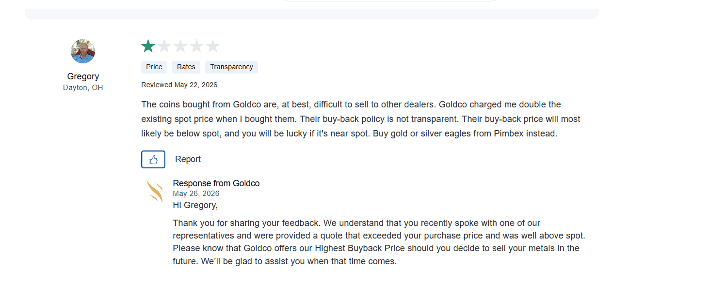 Goldco Precious Metals complaint about huge product markups and nontransparent metal buyback policy.