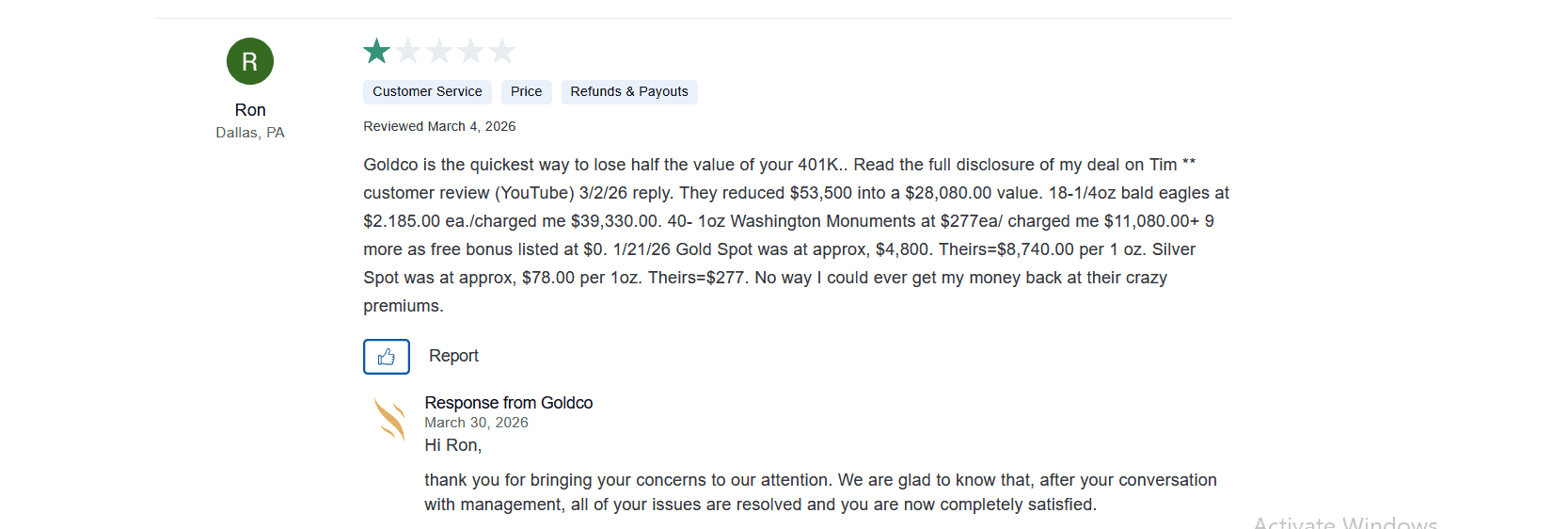 Goldco Precious Metals complaint about huge product premiums.