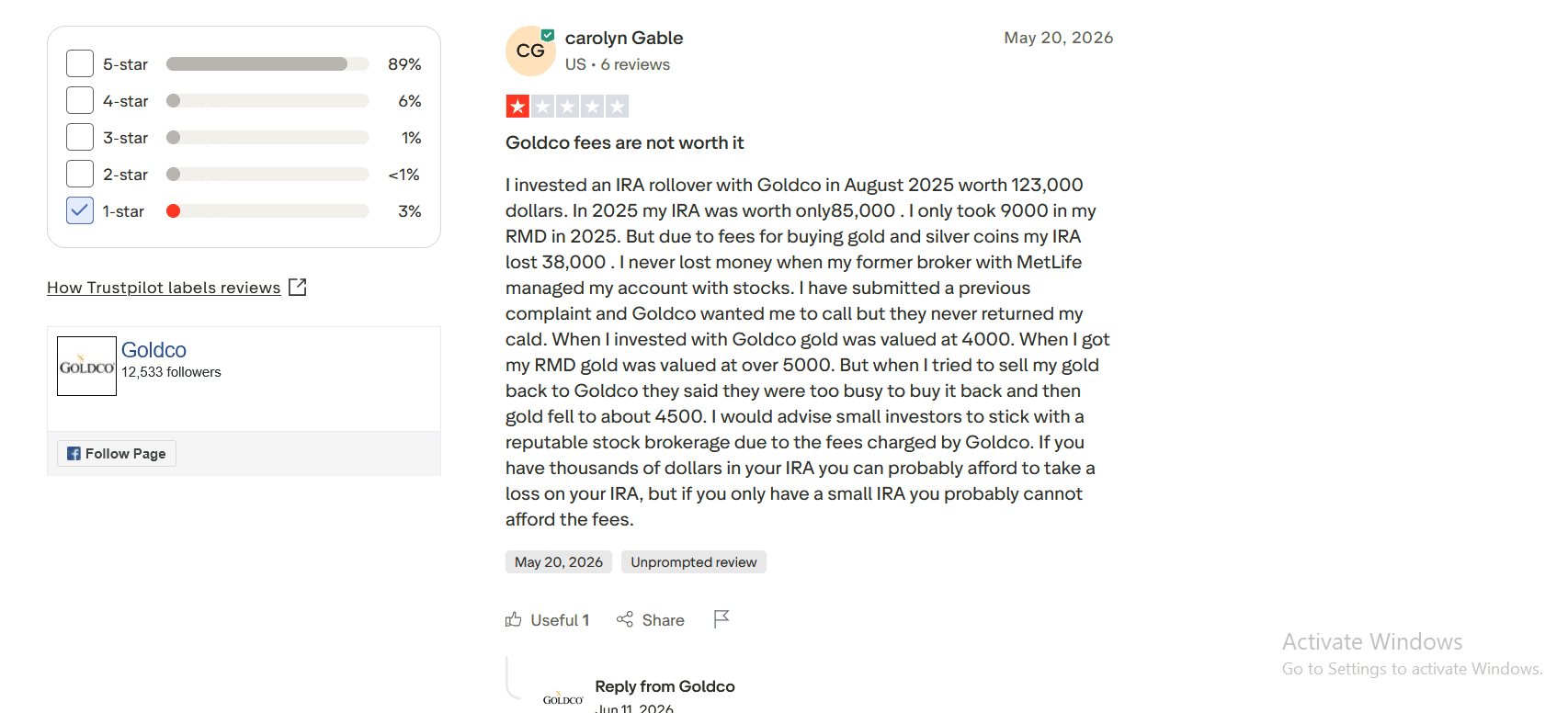 Goldco Precious Metals complaint about large fees and slow customer support.