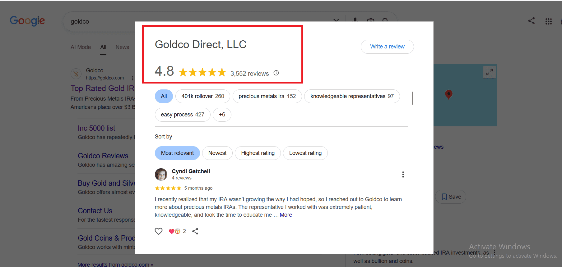 Goldco Precious Metals' Google Business profile.