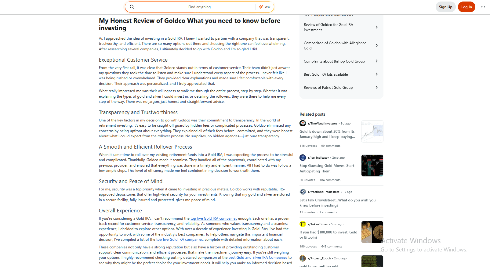 Goldco Reddit fake customer review example.