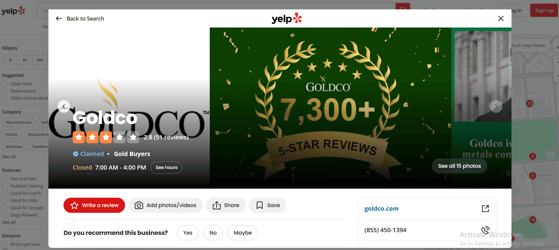Goldco Precious Metals' Yelp profile.