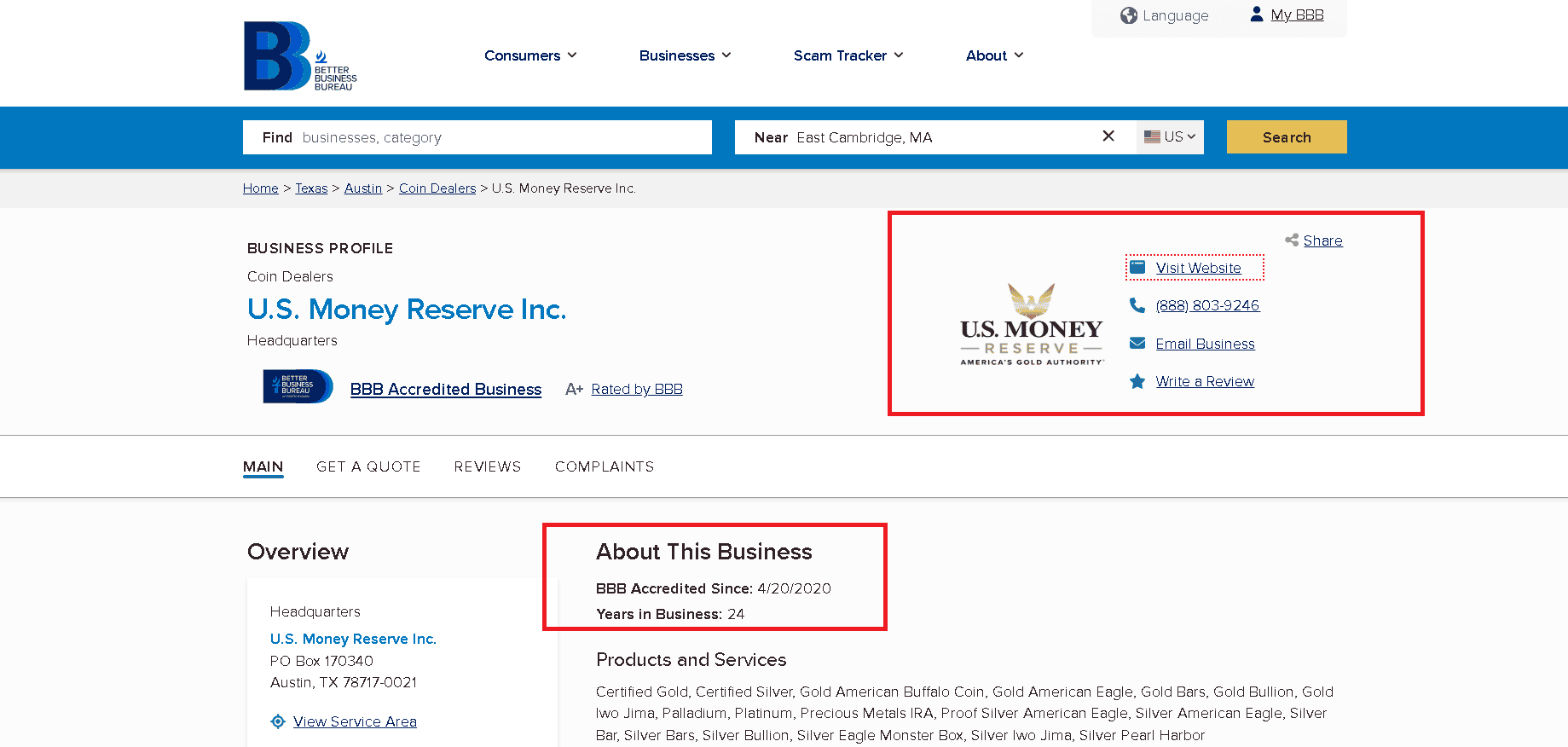 U.S. Money Reserve BBB profile