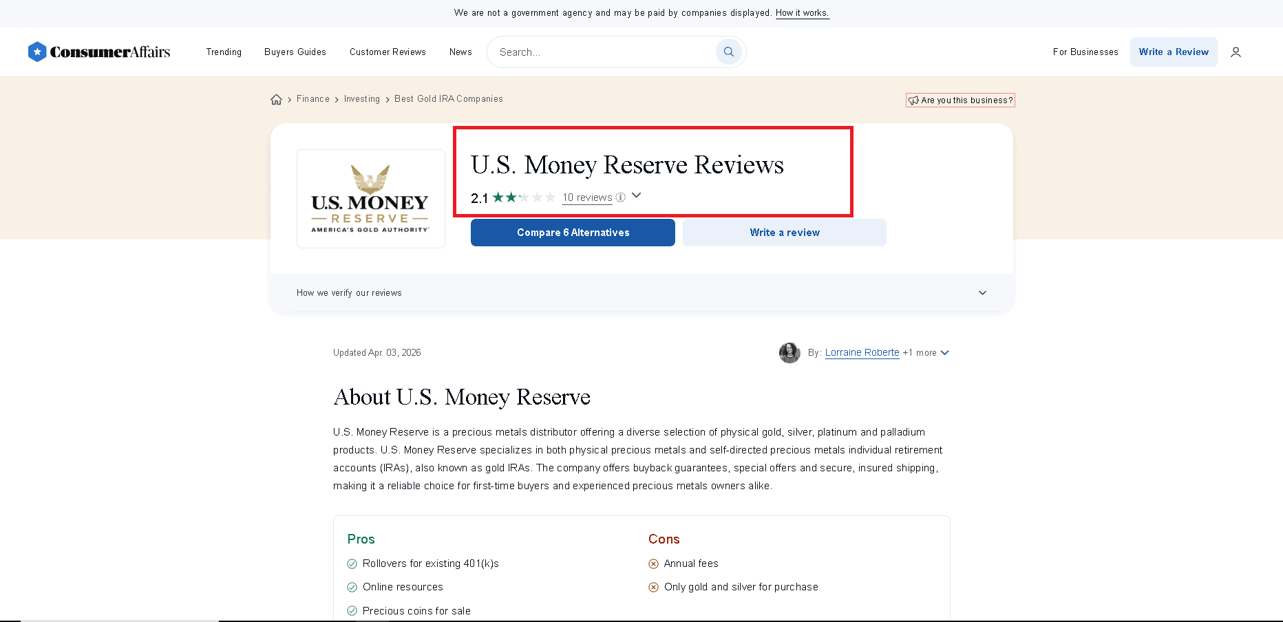 U.S. Money Reserve Consumer Affairs profile and customer reviews/ratings