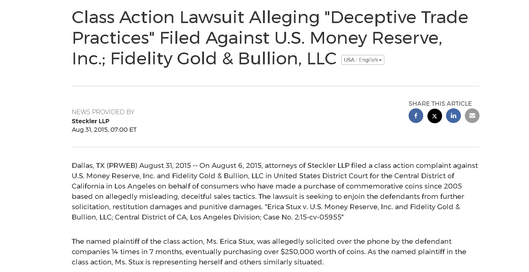 U.S. Money Reserve lawsuit example 1