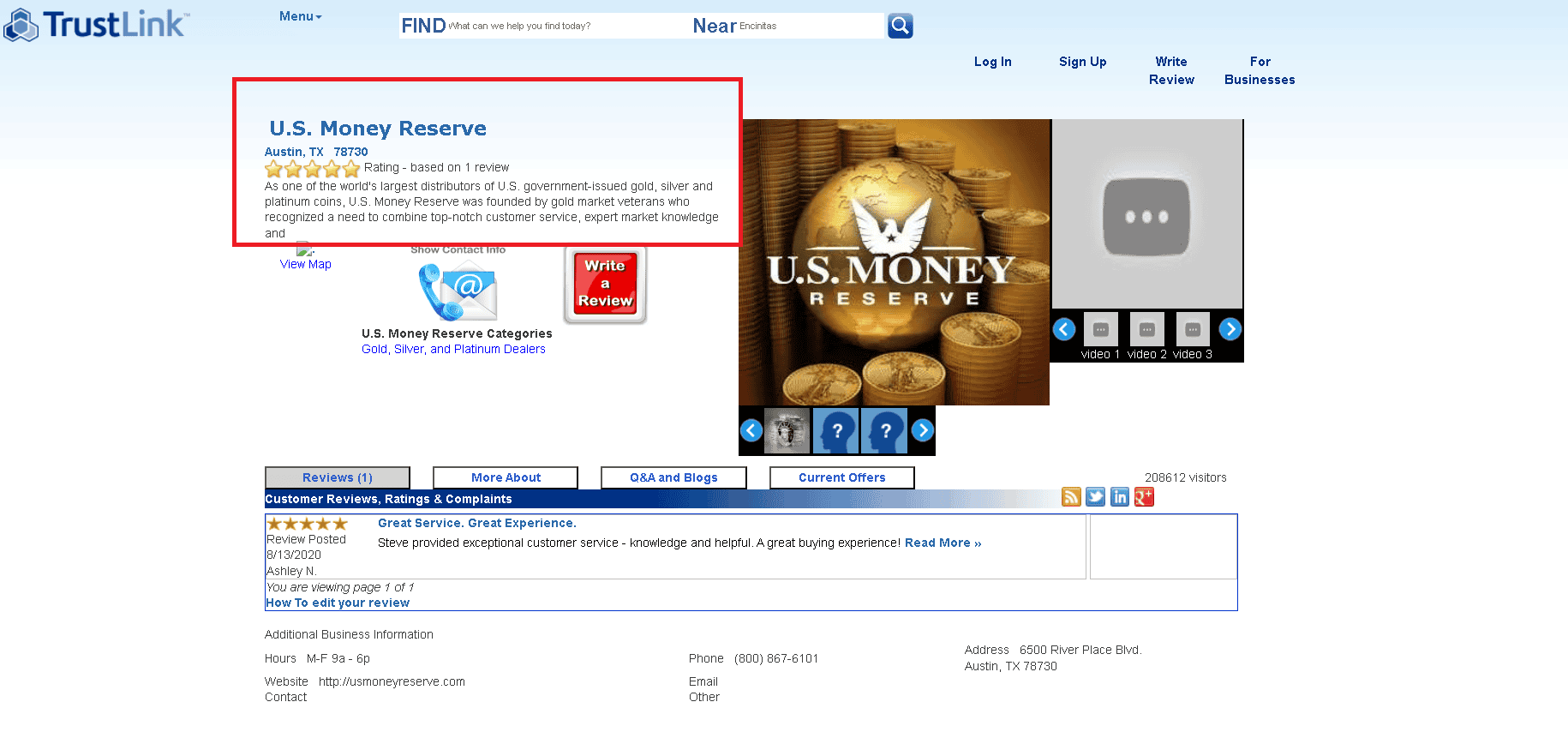 U.S. Money Reserve Trustlink profile and customer reviews/ratings