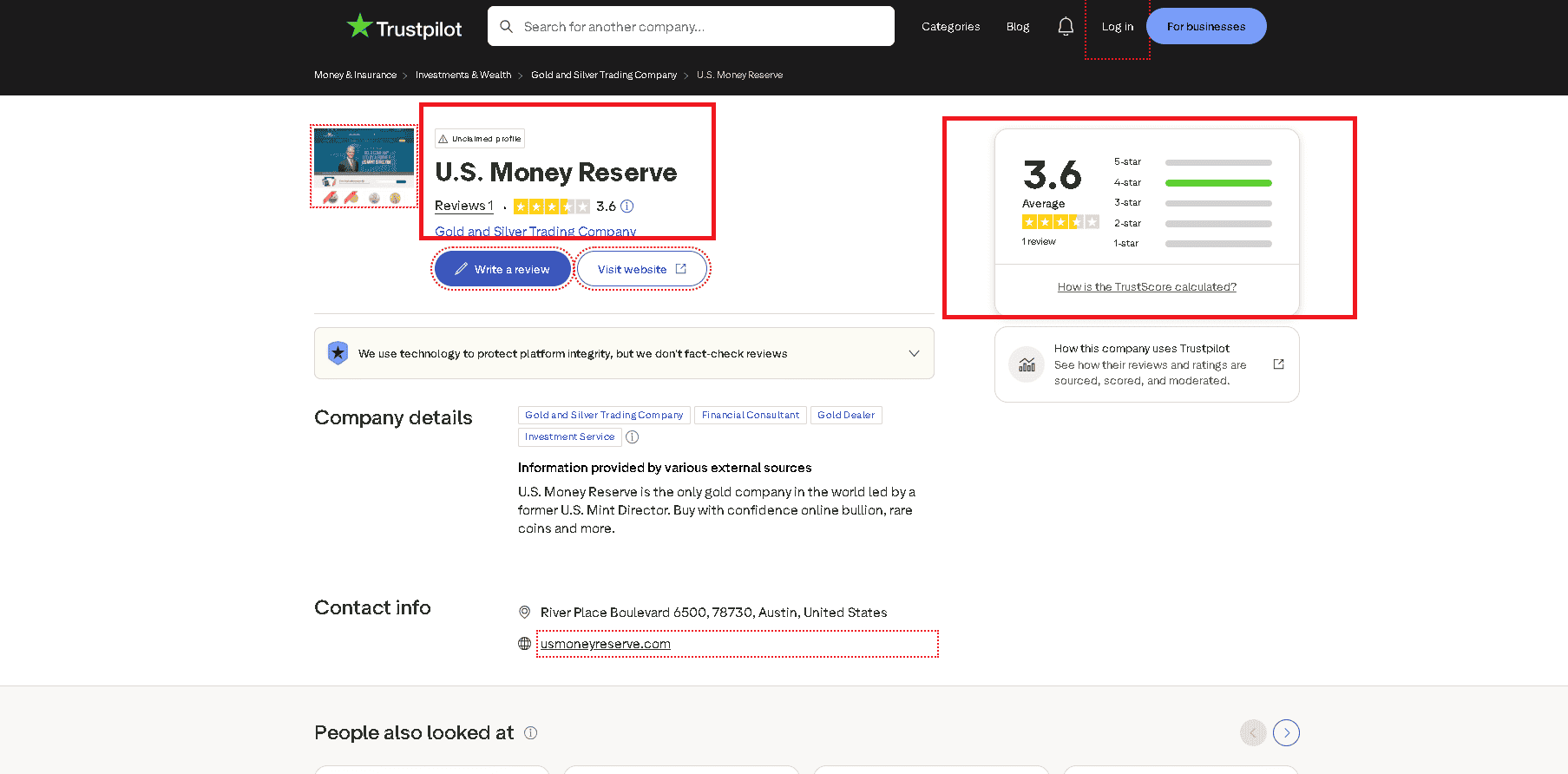 U.S. Money Reserve Trustpilot profile and customer reviews/ratings