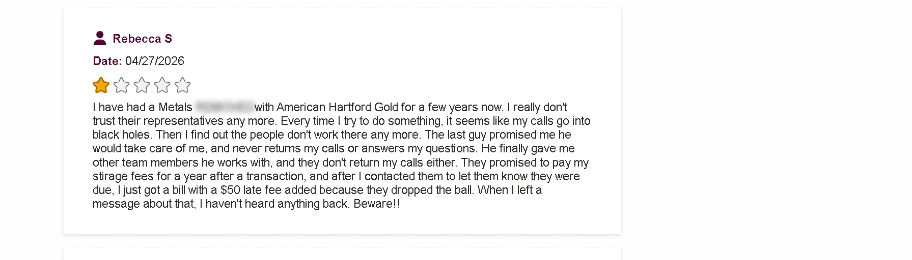 American Hartford Gold Group customer complaint and review 1.