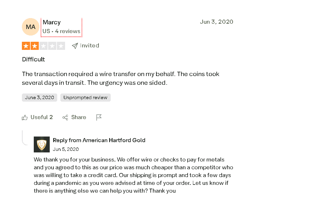 American Hartford Gold Group customer complaint and review 5.