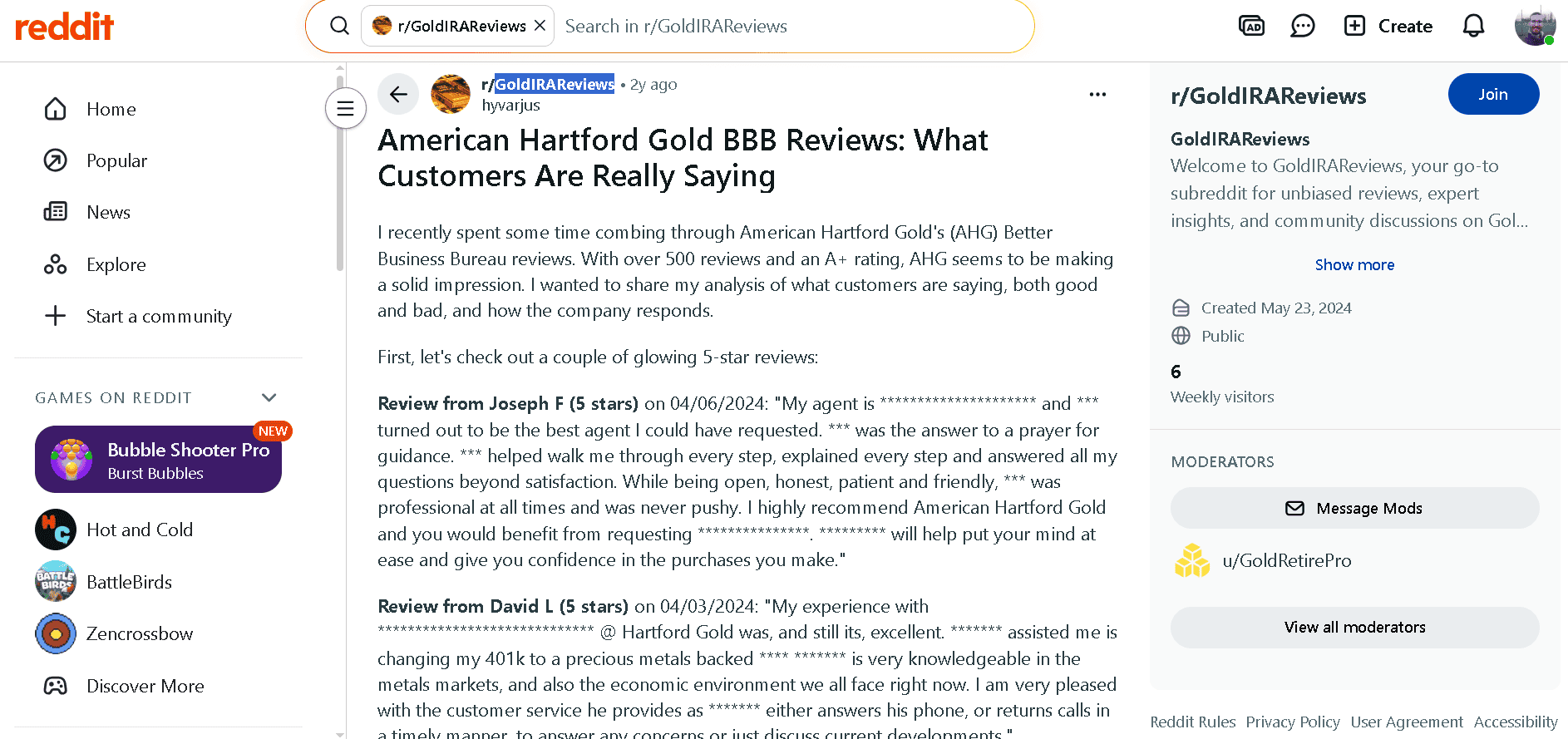 American Hartford Gold Group positive customer reviews on Reddit