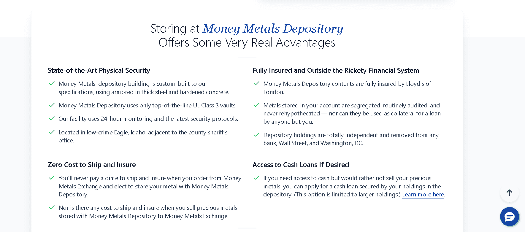 Money Metals Depository is an IRA-approved, high-security precious metals storage facility based in Eagle, Idaho. Their secure vaulting service insures and protects your precious metal bullion (coins, bars, ingots).