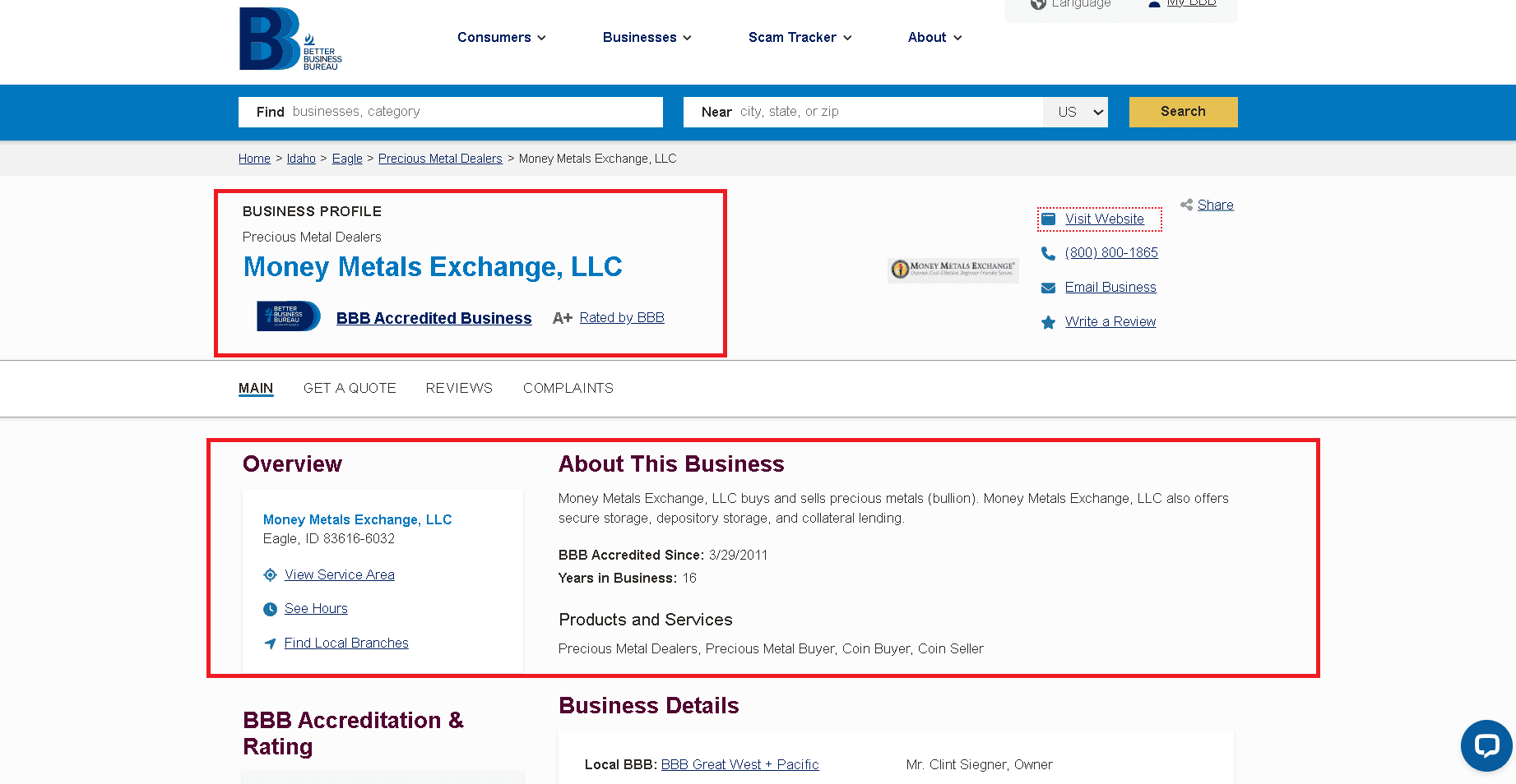 Money Metals Exchange BBB profile and rating.