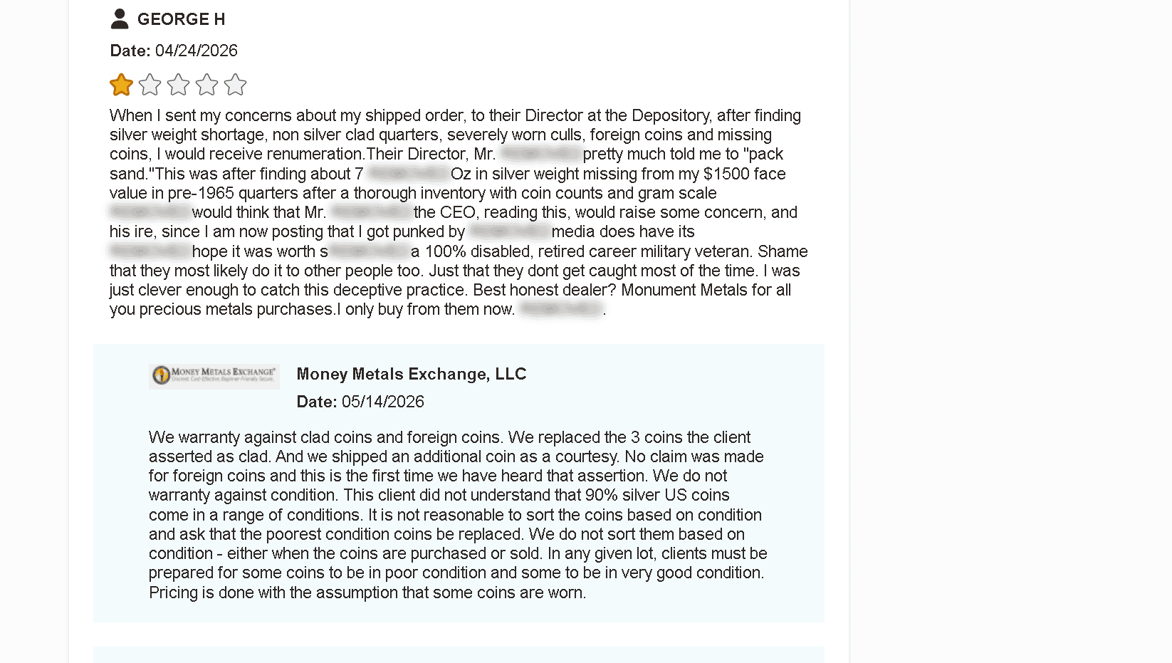 Money Metals Exchange customer review and complaint about clad and worn out coins.