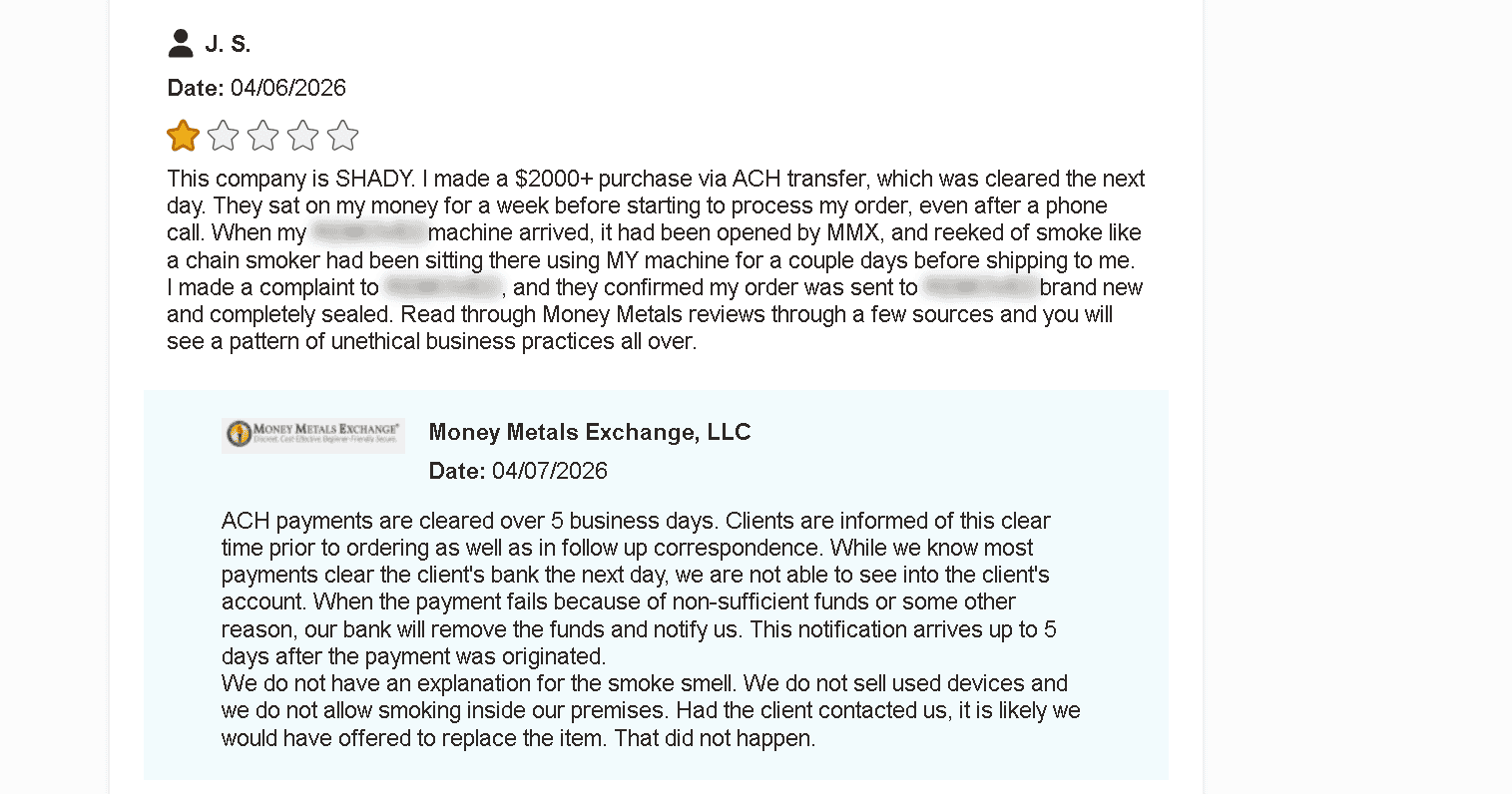 Money Metals Exchange customer review and complaint about slow order processing and delayed and damaged shipment.