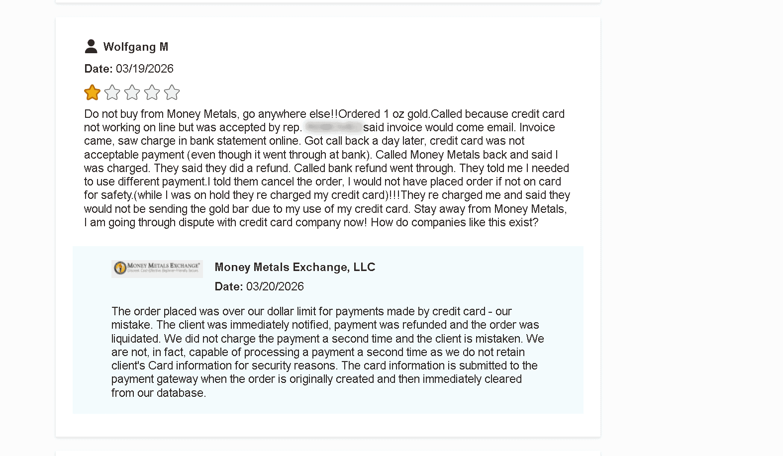 Money Metals Exchange customer review and complaint about double charging their credit card.