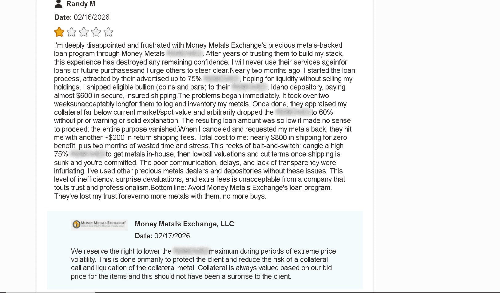 Money Metals Exchange customer review and complaint about their precious-metal backed loan program.