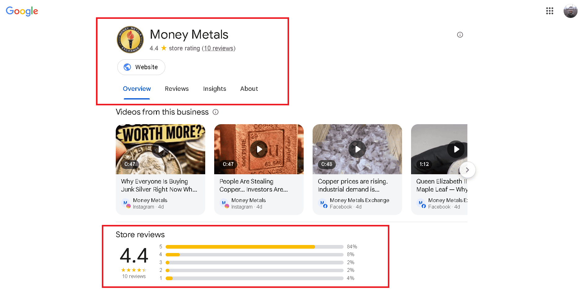Money Metals Exchange has an underdeveloped Google Business profile.
