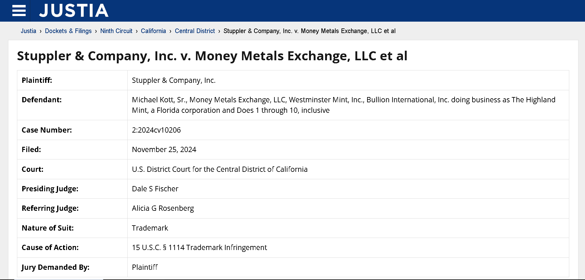 Money Metals Exchange lawsuit 1- Stuppler & Company v. Money Metals Exchange