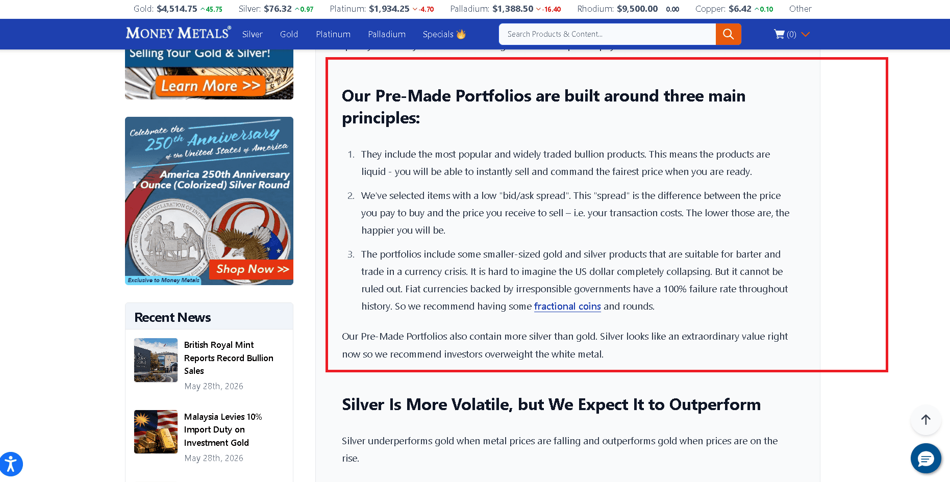 Money Metals Exchange offers pre-made portfolios of their most popular precious metal products.
