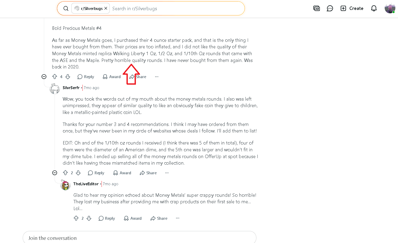 Money Metals Exchange negative customer review on Reddit.