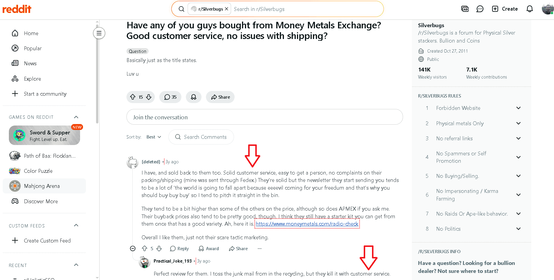 Money Metals Exchange positive customer review on Reddit.