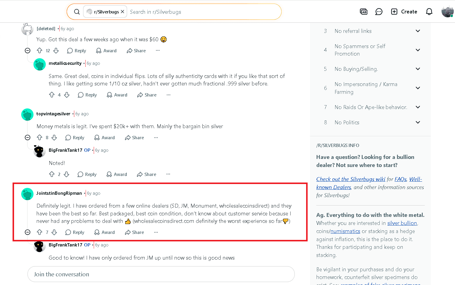 Money Metals Exchange positive customer review on Reddit.