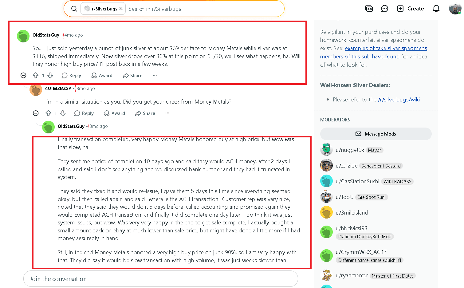 Money Metals Exchange positive customer review on Reddit.