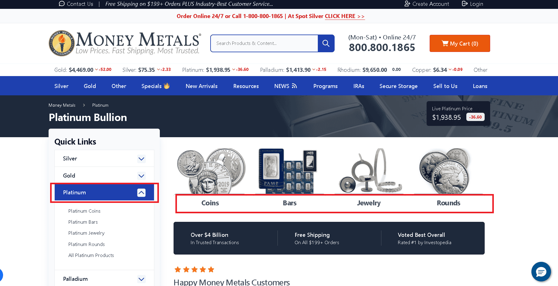Money Metals Exchange sells pure-platinum coins, bars, rounds and jewelry.