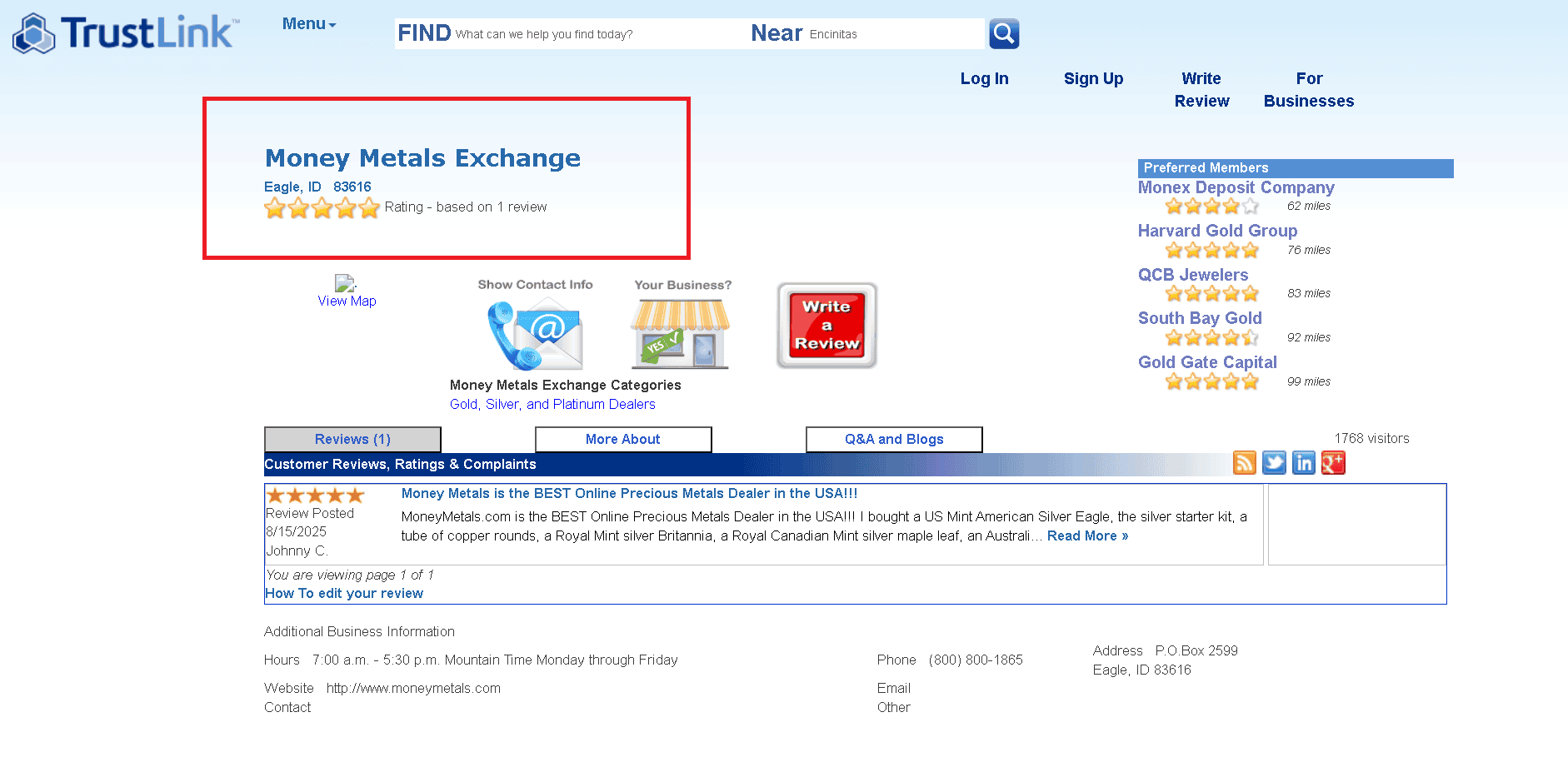 Money Metals Exchange has an underdeveloped profile on TrustLink.