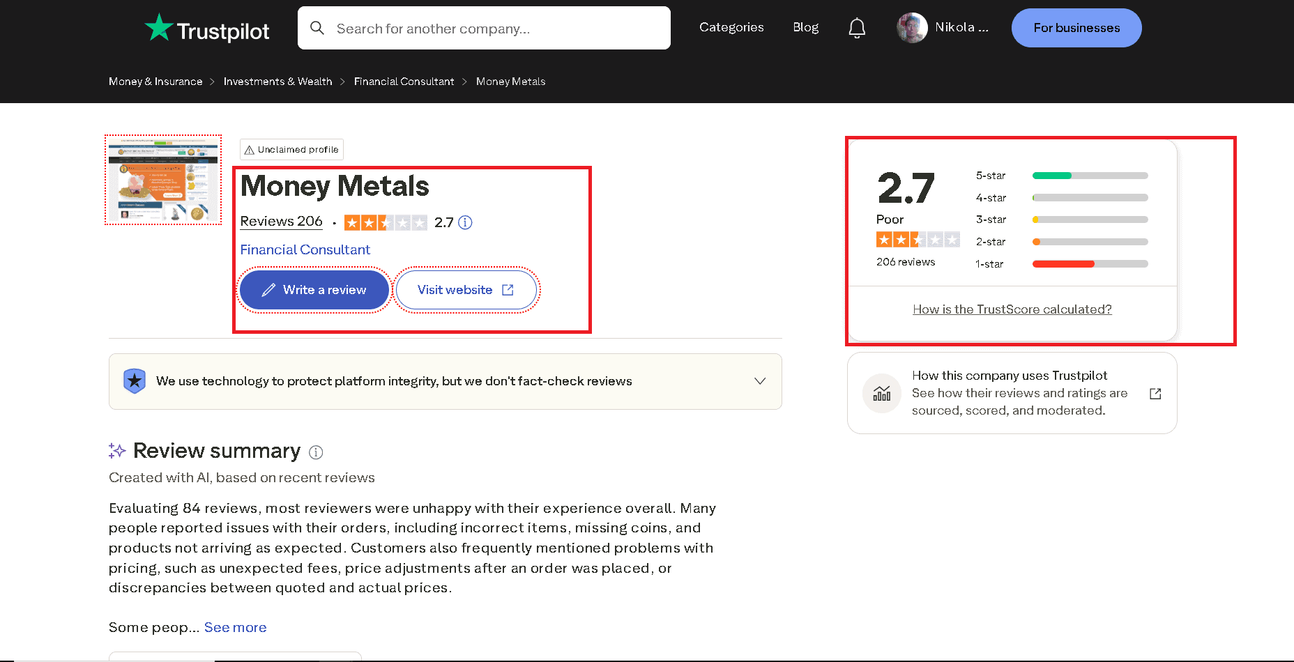 Money Metals Exchange has a decent score on their Trustpilot profile.