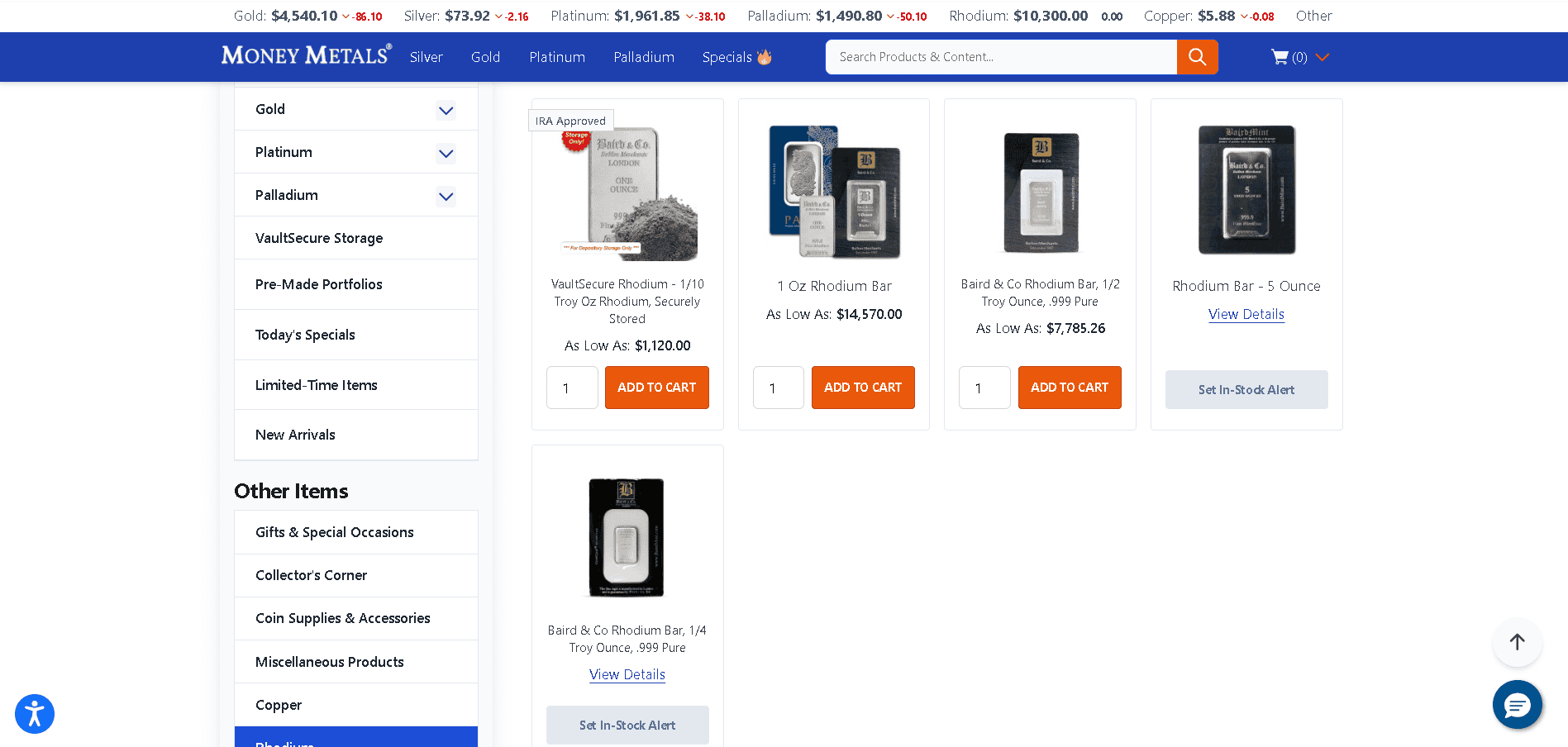 Money Metals Exchange sells bars made of pure rhodium.