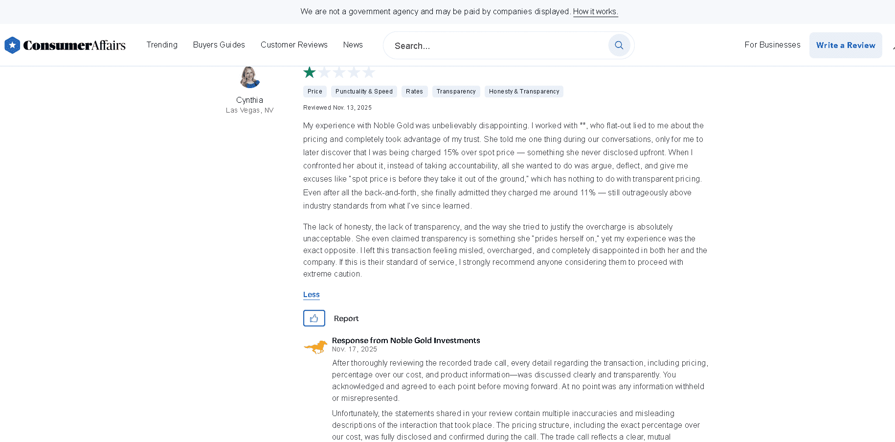 Noble Gold IRA negative customer review and complaint 2 (sources from ConsumerAffairs)