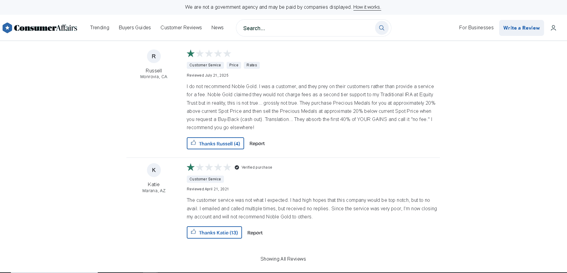 Noble Gold IRA negative customer review and complaint 3 (sourced from ConsumerAffairs)