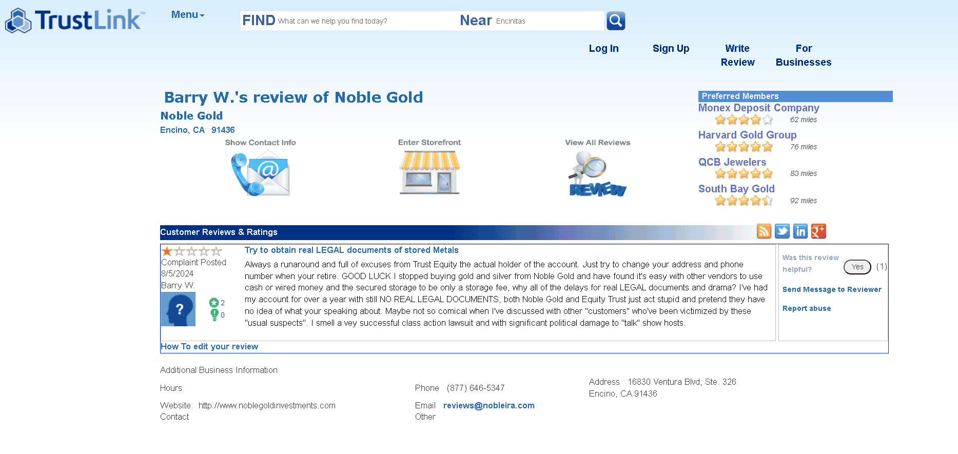 Noble Gold IRA negative customer review and complaint 4 (sourced from Trustlink)
