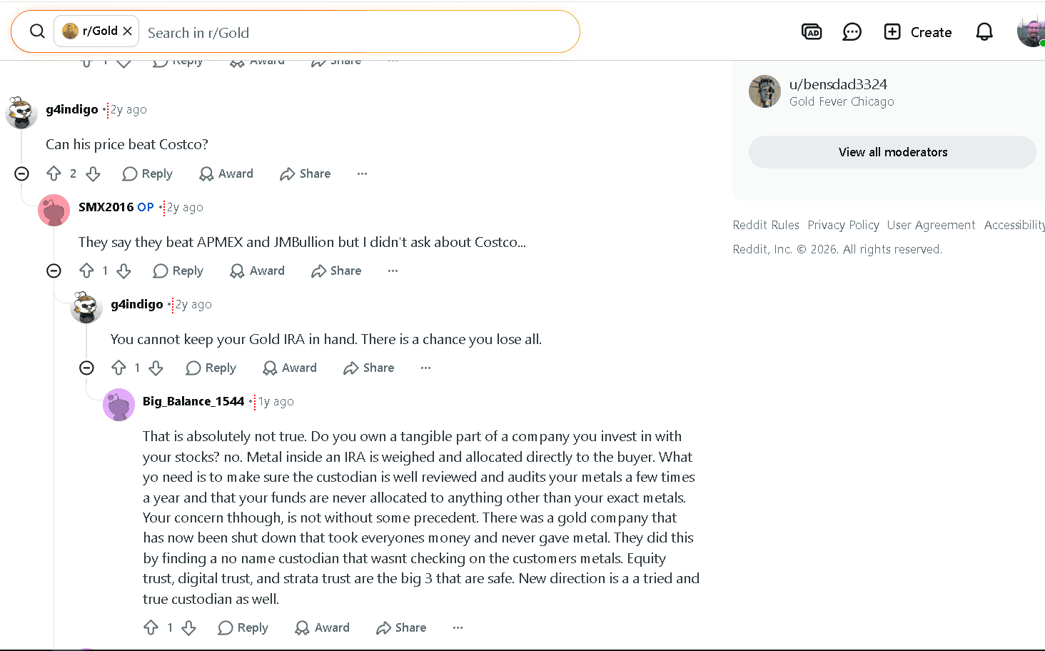 Noble Gold IRA's customer reviews on Reddit.