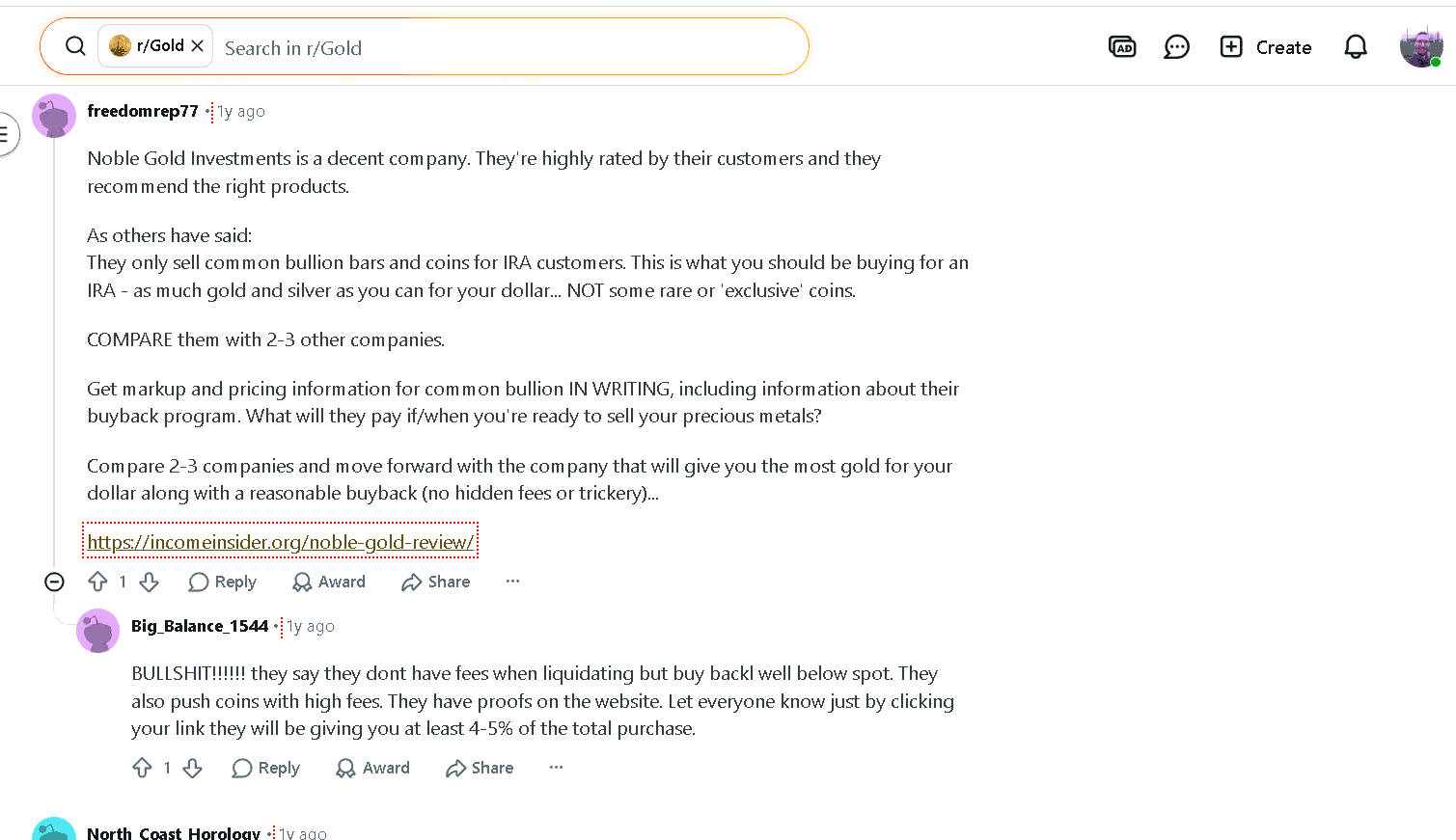 Noble Gold IRA's customer reviews on Reddit 2