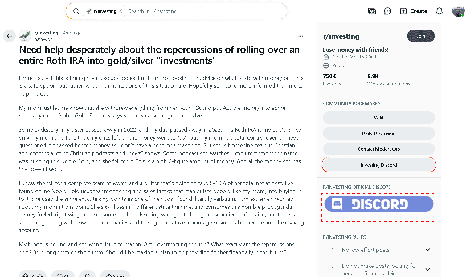 Noble Gold IRA's customer reviews on Reddit 3