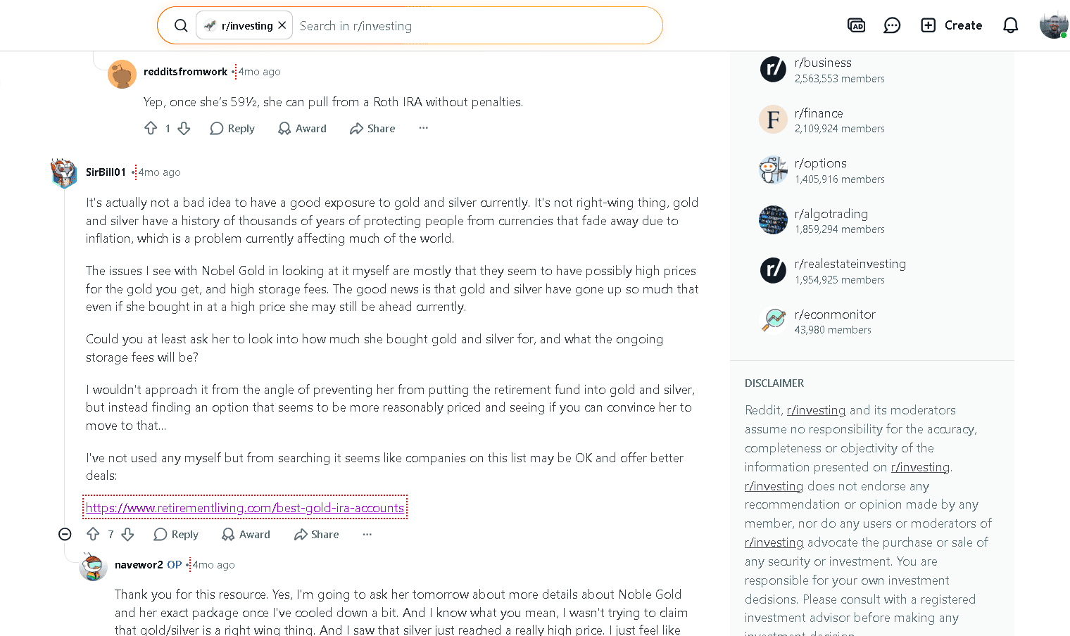 Noble Gold IRA's customer reviews on Reddit 4