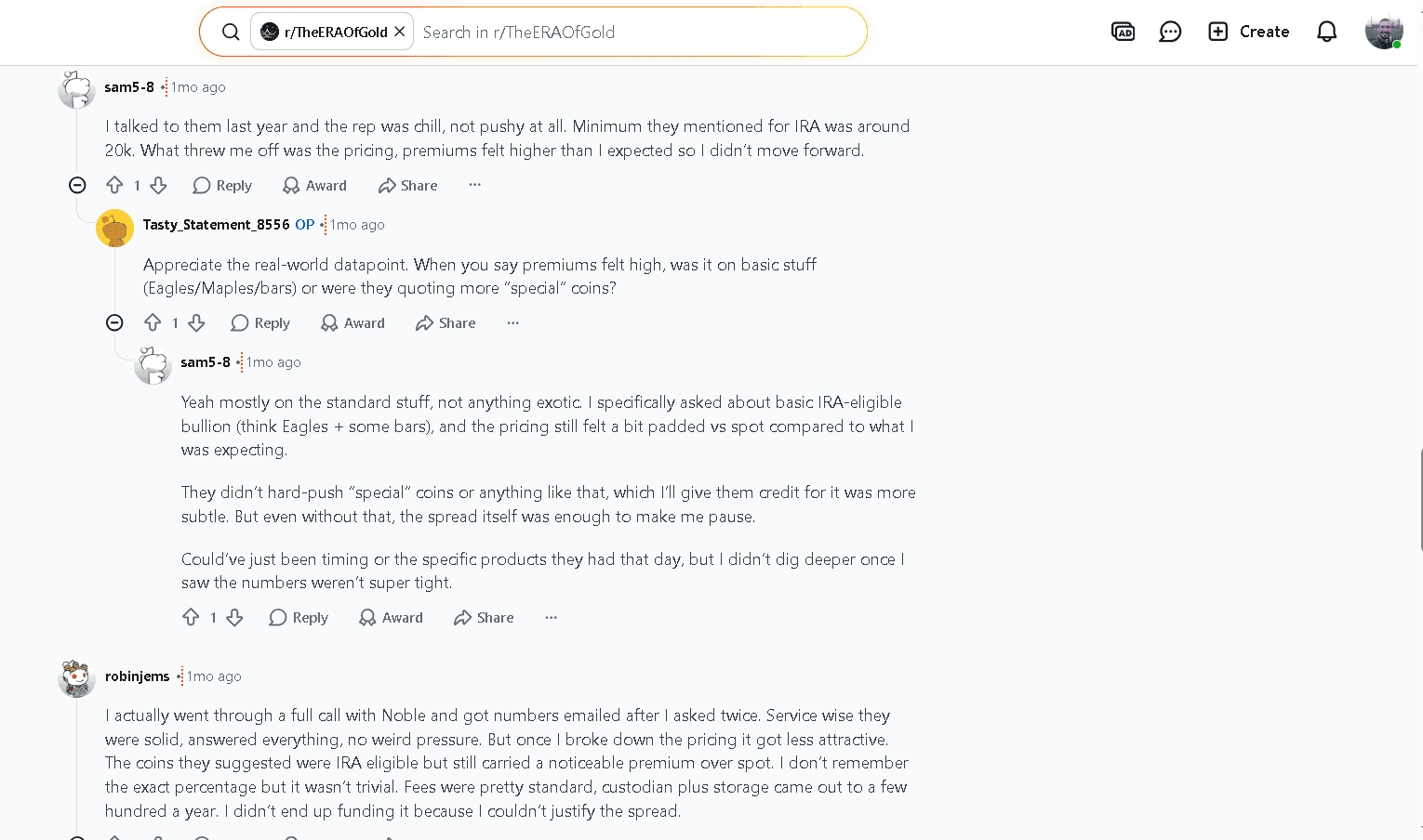 Noble Gold IRA's customer reviews on Reddit 5
