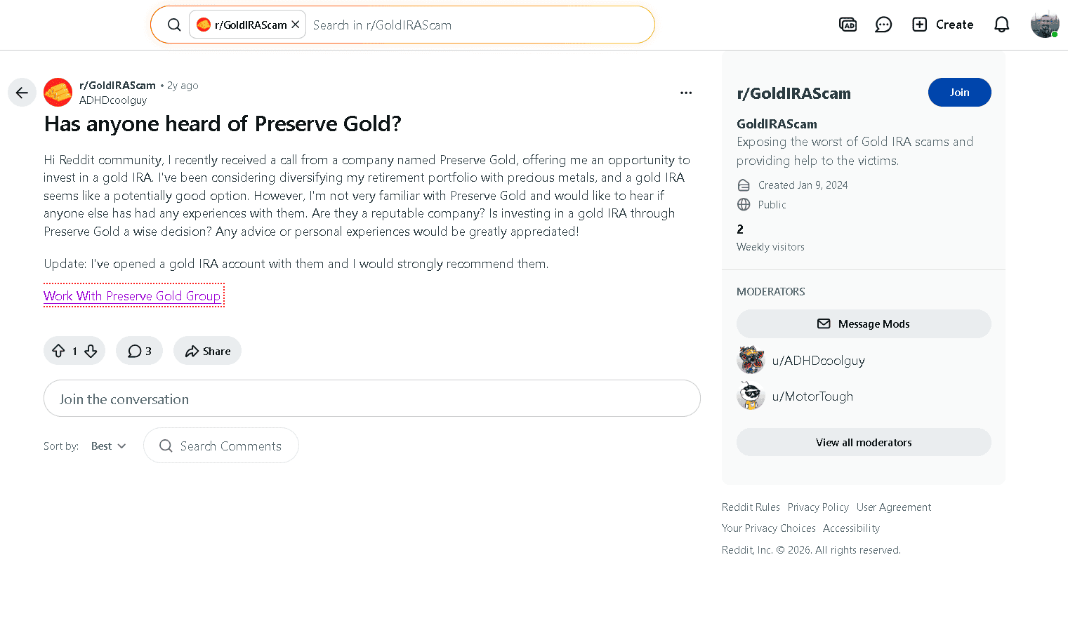 Fake Reddit thread on Preserve Gold.