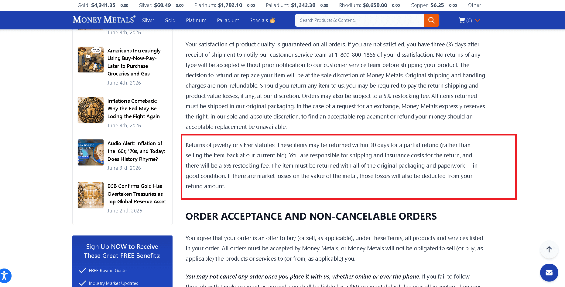 Money Metals Exchange refund policy.