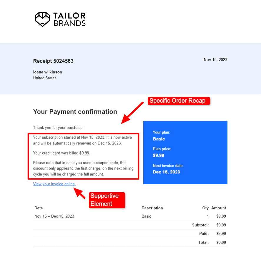 Order confirmation email template example.