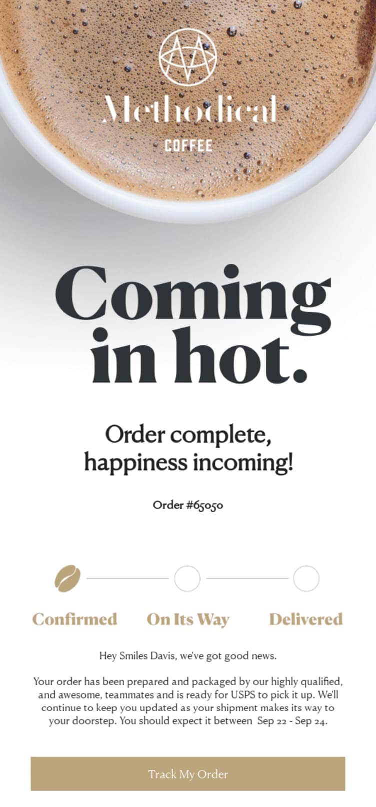 Order confirmation message from Methodical Coffee