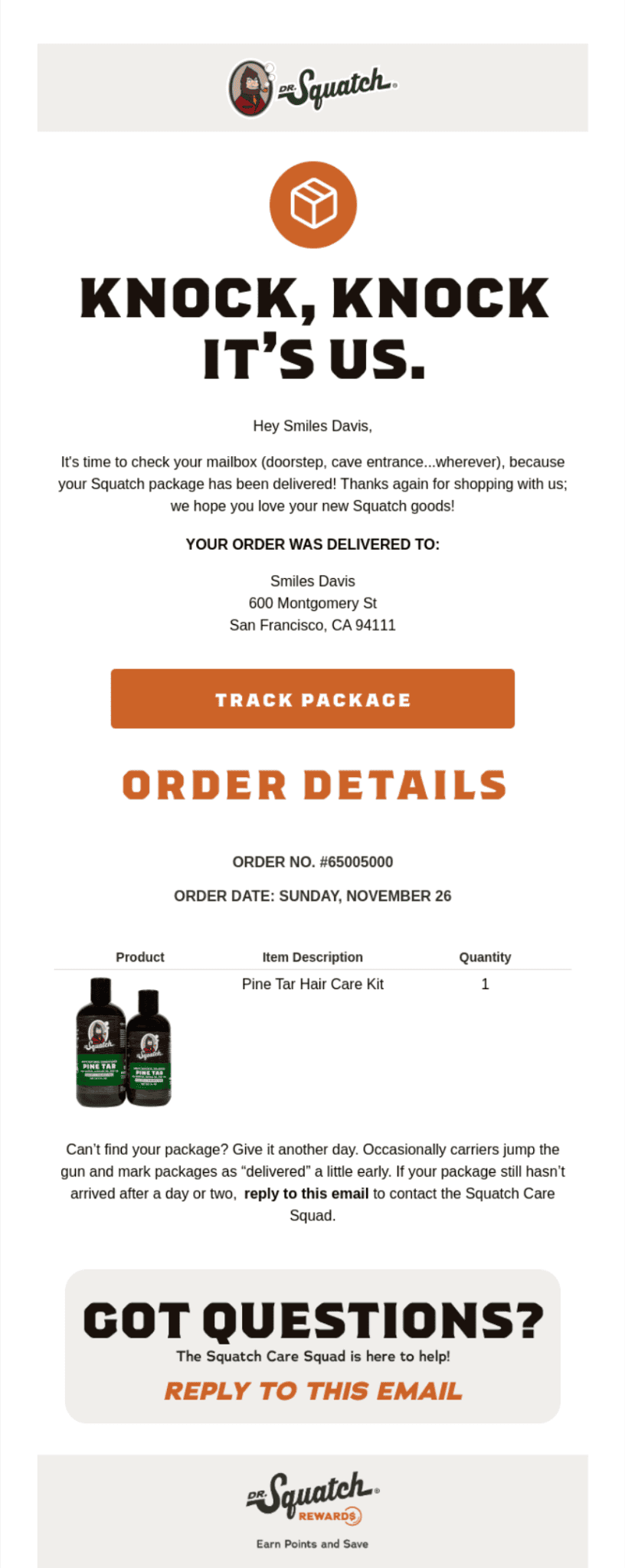 Order delivery confirmation email example.