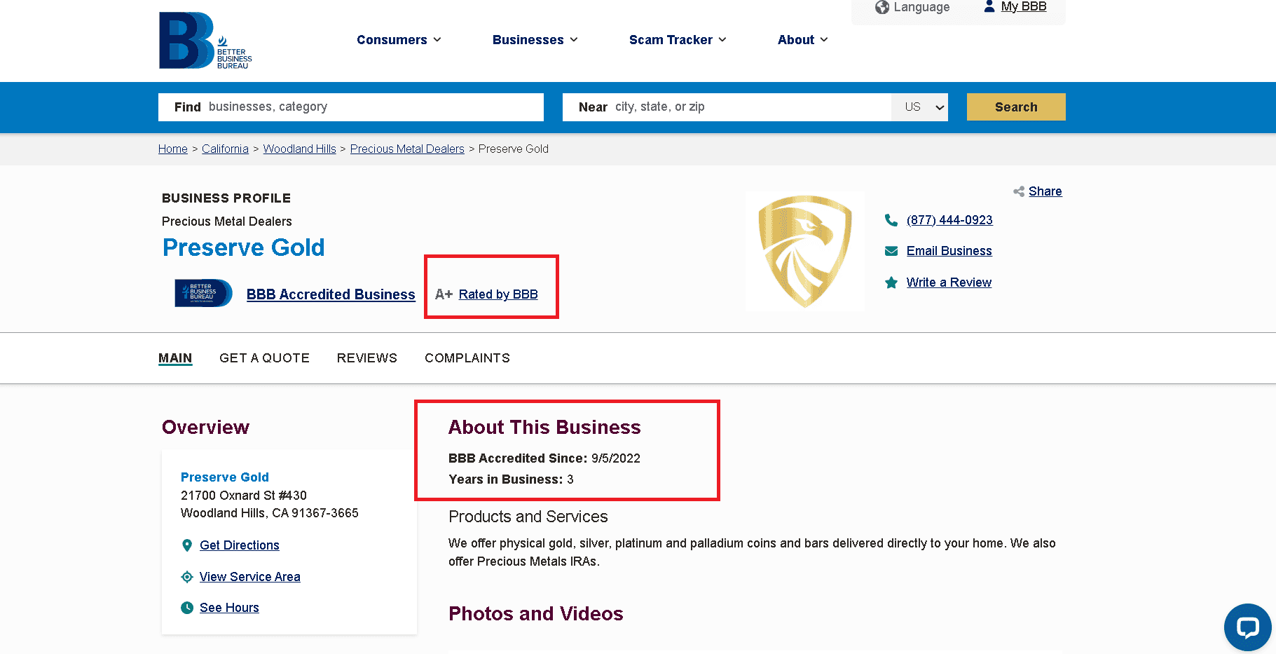 Preserve Gold has a BBB (Better Business Bureau) profile.