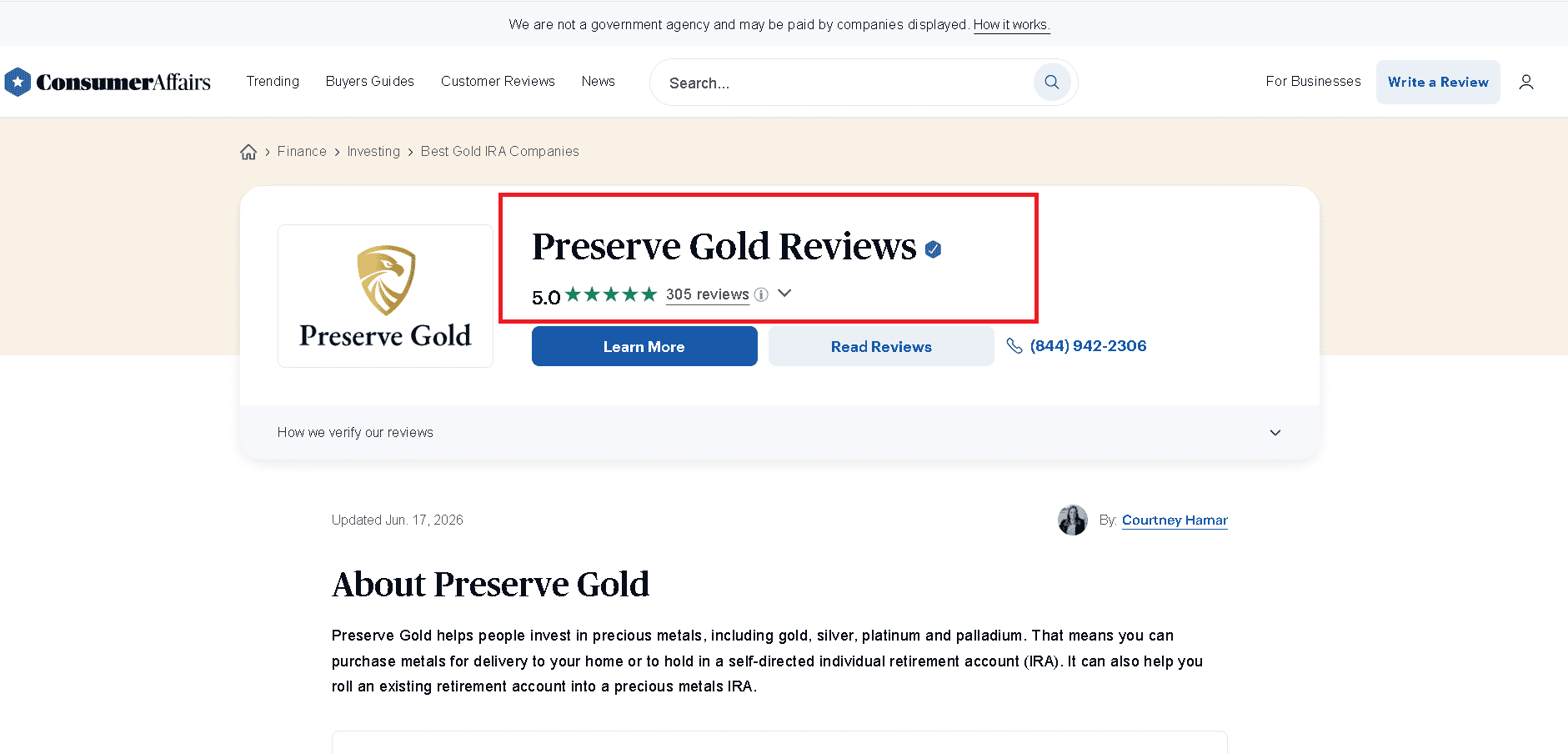 Preserve Gold's ConsumerAffairs profile.