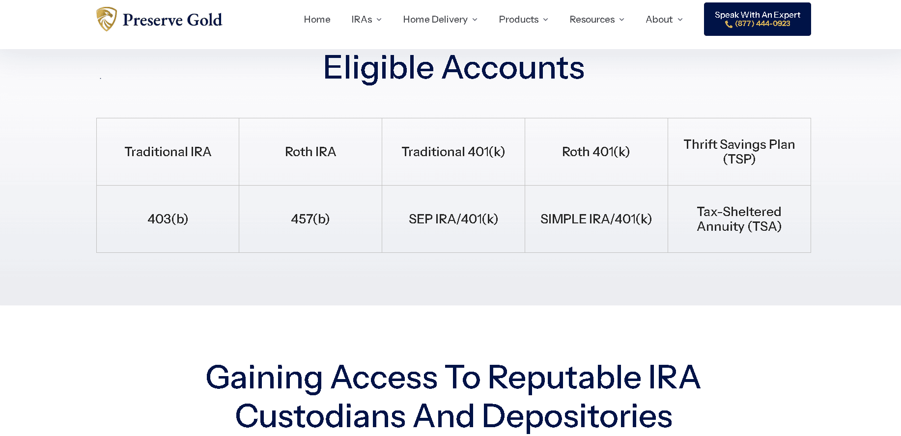 Preserve Gold lets you do rollovers from many different IRA accounts (Traditional IRA, Roth IRA, Traditional 401(k), Roth 401(k), Thrift Savings Plan (TSP), 403(b), 457(b), SEP IRA/401(k), SIMPLE IRA/401(k), Tax-Sheltered Annuity (TSA))