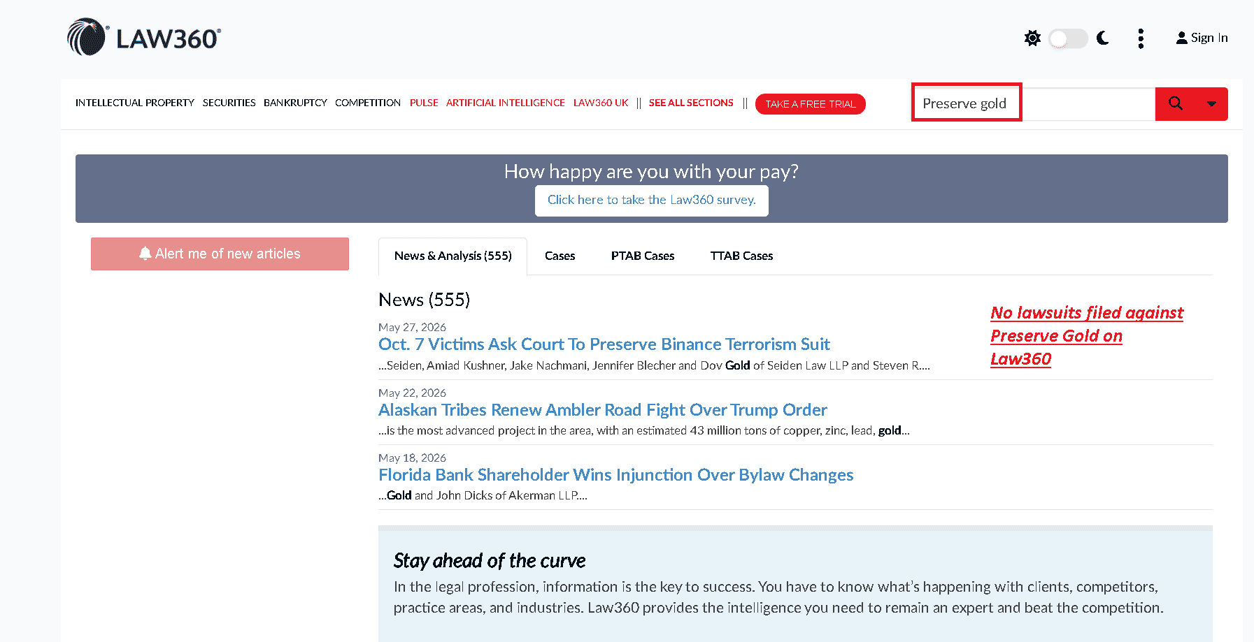 No lawsuits filed against Preserve Gold on Law360.