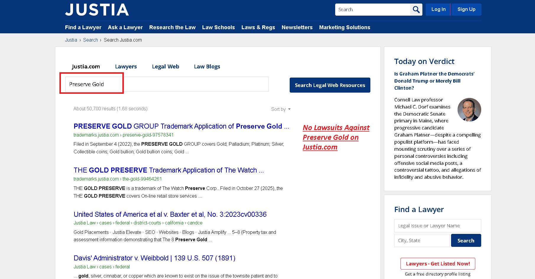 No lawsuits filed against Preserve Gold on Justia.com.